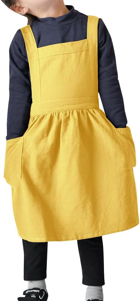 IWEMEK Kids Aprons for Girls Cooking Child Cotton Linen Apron Dress with Pockets Art Baking Gardening Painting Apron Pinafore