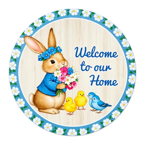 Welcome to Our Home Round Aluminum Metal Sign Retro Bunny with Blue Flowers Chicks Sign - 8x8 Inch by Generic