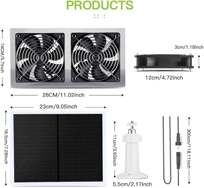 10W Solar Fan, Dual Metal Shell Exhaust Fan Kit for Chicken Coops, Greenhouses, Sheds, Pet Houses, and Windows, chicken coop accessories