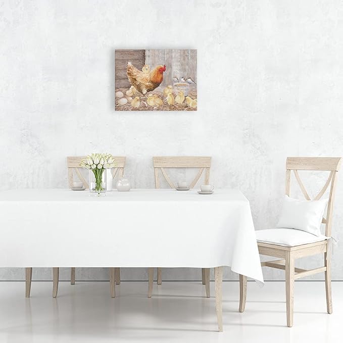 Farmhouse Wall Art Rooster Print: Hen Painting Small Born Chicks Picture Barnyard Birds Vintage Wood Framed Canvas Artwork for Kitchen Decor Easy Hanging (12"x15"x1 Panel)