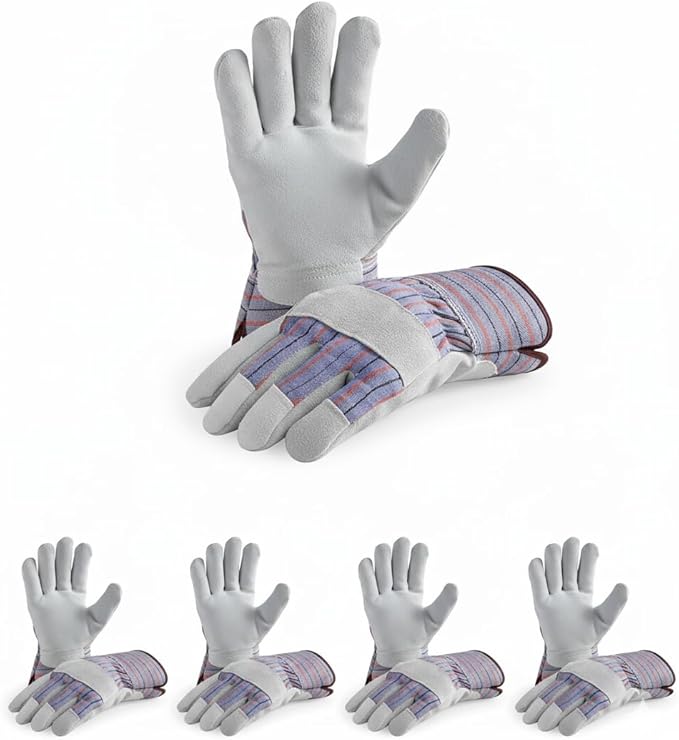 Giorgino Cow Split Leather Work Gloves Pack of 5 for Men & Women, Gardening Gloves with Reinforced Fingertips, Knuckle Guard & Safety Cuff