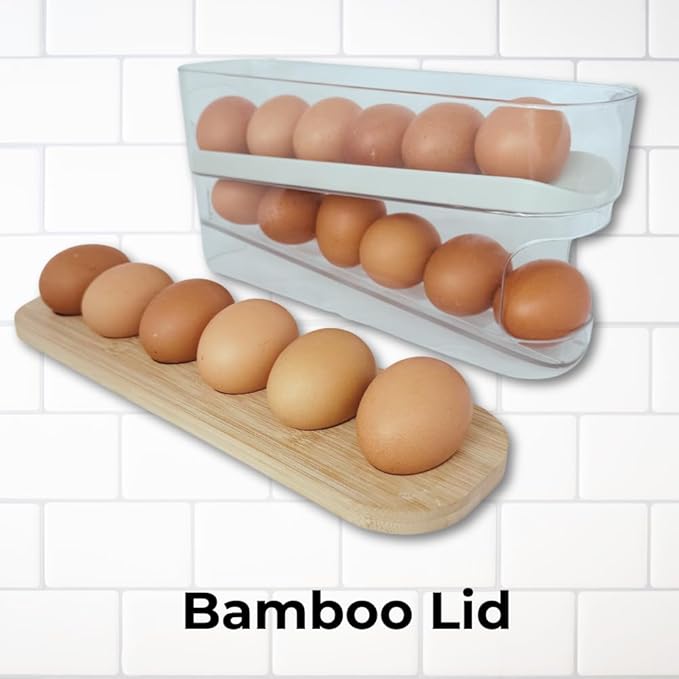 18 Egg Dispenser for Refrigerator – Durable Organizer with Wooden Lid, Space-Saving Egg Storage Bin for Freshness, Kitchen Organization, Easy Access & Stylish Design