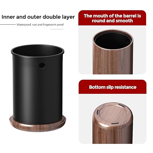 8L/2.1GAL Dark Brown Modern Metal Waste Bin with Realistic Wood Texture,Built-in Bag Holder,Office Trash Can,Open-Top Trash Bin,for Bathroom,Home,Office,Living Room (2.1gal Round)