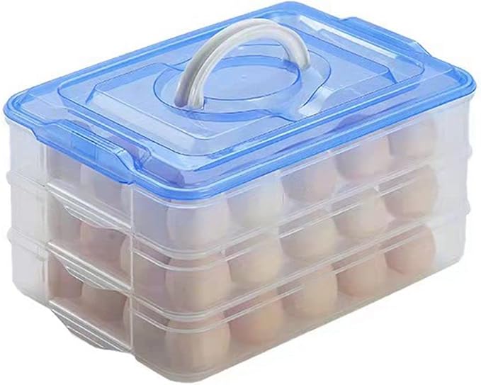 Egg Storage Container for Refrigerator, 3-Layer Deviled Egg Tray, Stackable Fridge Egg Organizer with Lid and Handle, Extra Large Holder, 60 Count Eggs Keeper(blue 3 layer)