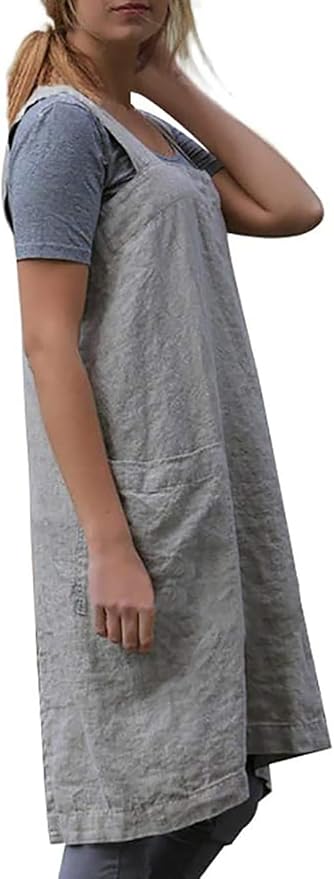 Women's Pinafore Apron Cross Back Apron with Pockets Cotton Linen Apron Dress Plus Size