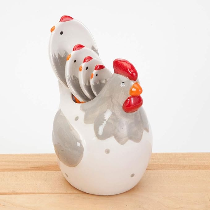 Bits and Pieces 4-Piece Ceramic Chicken Measuring Spoons Set with Holder - Farm Animal Country Theme - Includes 1/4, 1/2, 1 Teaspoon, 1 Tablespoon, Kitchen Chicken Decor