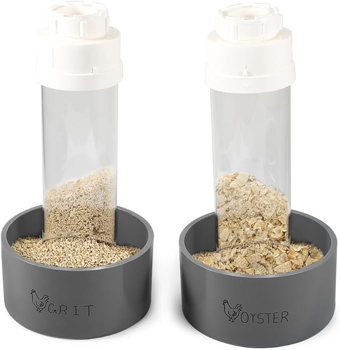 2 Pack Transparent PVC Chicken Feeder, Oyster Shell and Grit Feeder Hanging Ground Chicken Coop Feeder with Hanging Hook for Hens & Chicks (Grey)