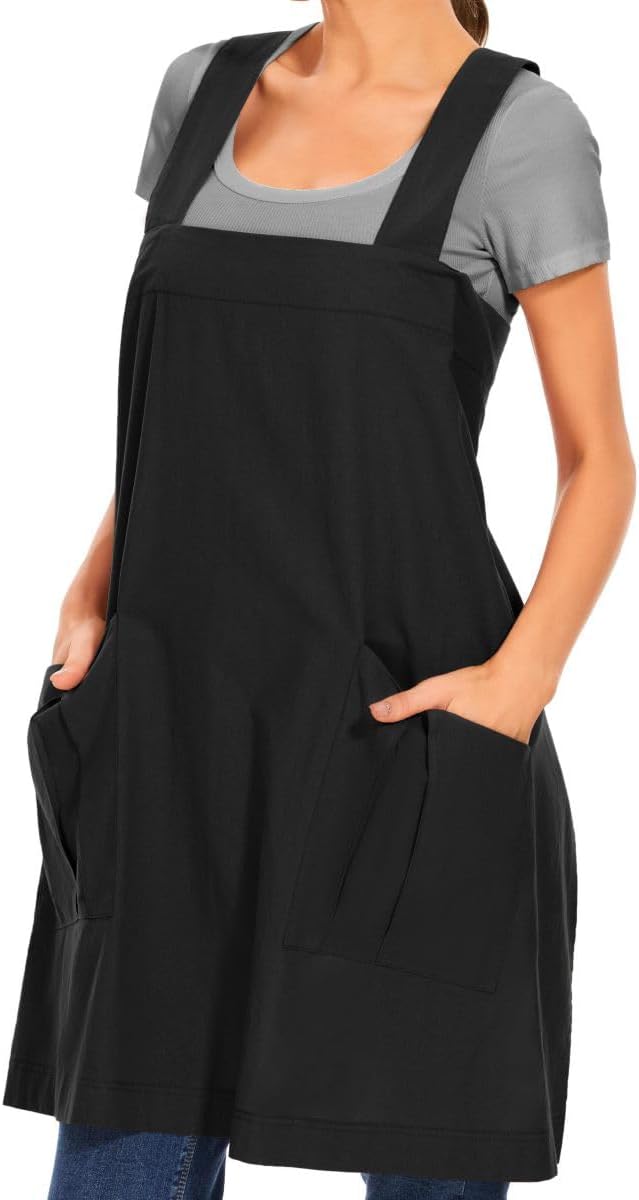 Larmliss Women's Cotton Cross Back Apron Pinafore Dress with Big Pockets Loose Square Apron for Baking Cooking Gardening