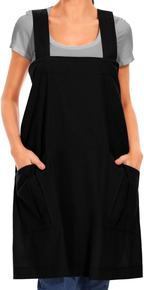 Larmliss Women's Cotton Cross Back Apron Pinafore Dress with Big Pockets Loose Square Apron for Baking Cooking Gardening