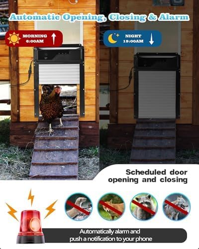 Automatic Chicken Coop Door with HD Camera, Solar Powered, 5000mAh Battery, WiFi App Remote Control & Timer, Night Vision, Anti-Pinch Sensor, Motion Alarm for Poultry Coop (Black)