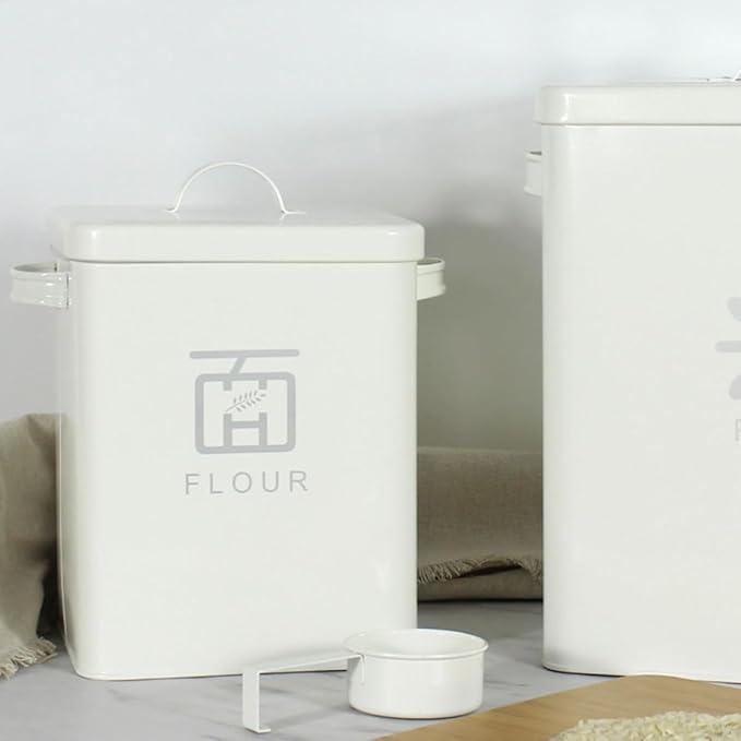 TOYANDONA Iron Flour Storage Bucket and Household Rice Container, Airtight Vintage White Metal Food Storage Bin for Kitchen Pantry Organization, Moisture-proof Multi-function Rice and Flour