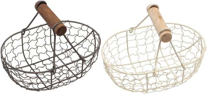 Vintage Rustic Metal Bread and Egg Collecting Basket Set, 2pcs Gray and Cream Farmhouse Style Fruit Storage Containers with Wooden Handles for Kitchen and Dining Organization