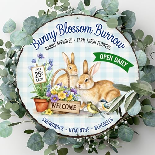 Bunny Blossom Burrow Round Aluminum Metal Sign Retro Farm Fresh Flowers Only Open Daily - 8x8 Inch - Image 4