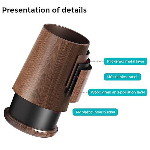 2.1 Gallon Metal Imitation Wood Grain Bathroom Trash Can, Modern, Open Top Wastebasket, Small Garbage Can for Under Desk Kitchen Home Office Bedroom (Taper)