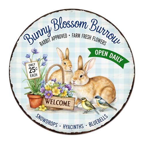 Bunny Blossom Burrow Round Aluminum Metal Sign Retro Farm Fresh Flowers Only Open Daily - 8x8 Inch by Generic