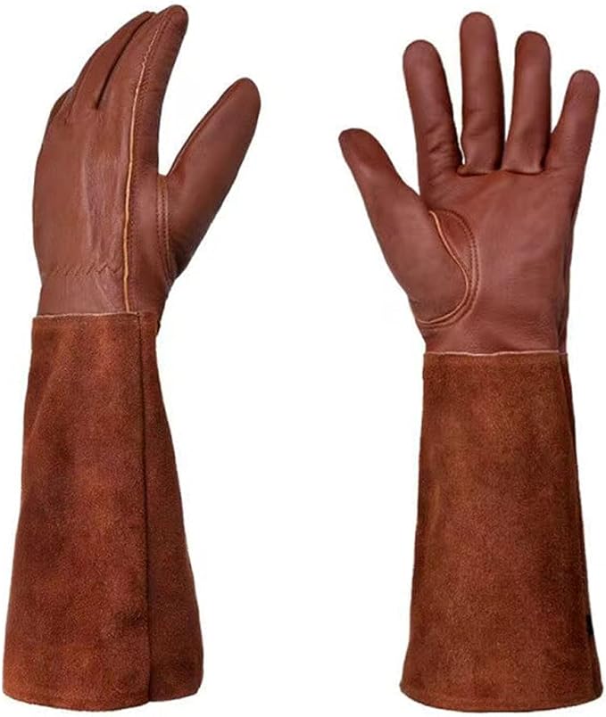 KINDE Gardening Gloves - Thorn Proof Cowhide Leather Rose/Blackberry Pruning Long Forearm Protection Gauntlet, Work Garden Gloves (BROWN, Medium)