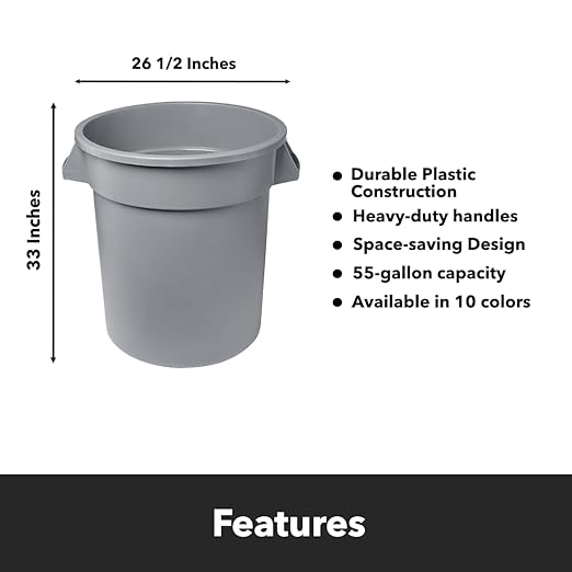 Feed and Seed Storage Container, 55 Gallon Gray Round Commercial Trash Can with Lid and Dolly, Food Storage Plastic Bin, Use in Agricultural, Gardening, or Household