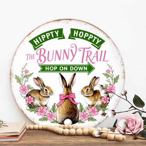 Hippity Hoppity The Bunny Trail Round Aluminum Sign Retro Hop On Down Three Bunnies Pink - 8x8 Inch - Image 5