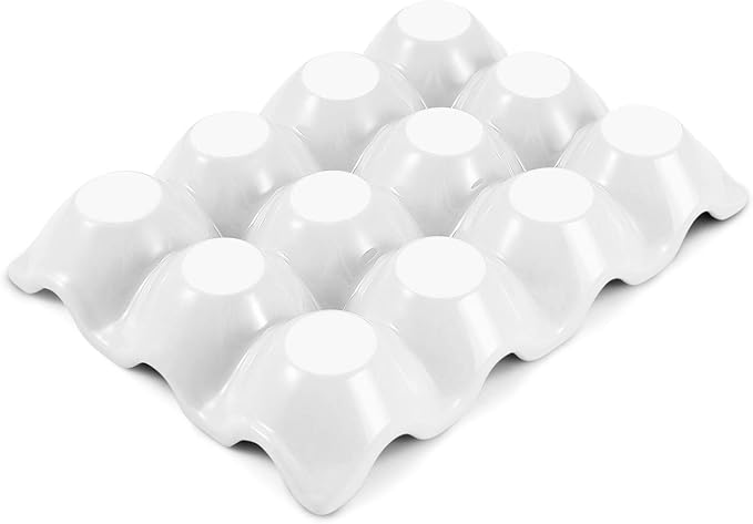 Flexzion Egg Ceramic & Porcelain Egg Holder, 12-Piece Non-Slip Tray Storage Box, White