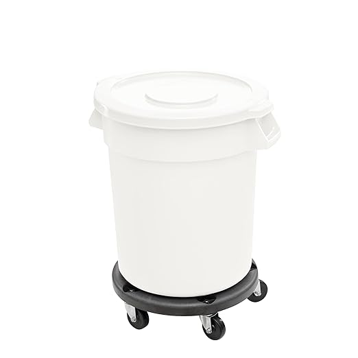 Feed and Seed Storage Container, 44 Gallon White Round Commercial Trash Can with Lid and Dolly, Food Storage Plastic Bin, Use in Agricultural, Gardening, or Household