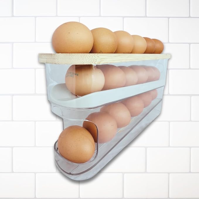 18 Egg Dispenser for Refrigerator – Durable Organizer with Wooden Lid, Space-Saving Egg Storage Bin for Freshness, Kitchen Organization, Easy Access & Stylish Design