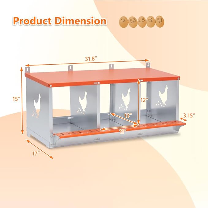 Wall-Mounted Metal Nesting Box for Chickens and Ducks – Galvanized Steel Construction with Ventilation & Easy Egg Access (3-Orange)
