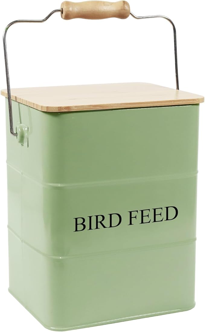 Morezi Bird treat and food storage tin with wooden lid and scoop included - green powder - carbon steel - birds food bin - pet food container storage canister