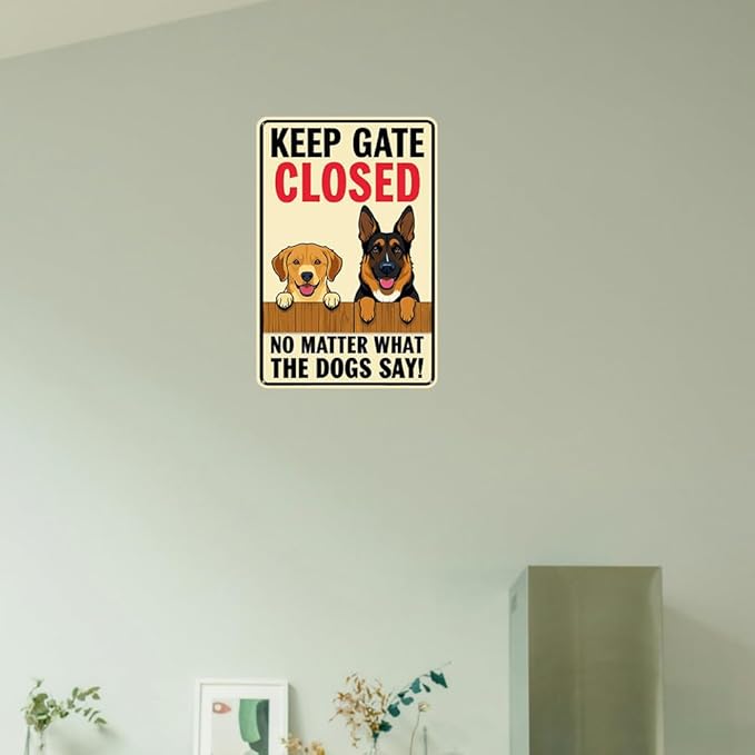 Keep Gate Closed Sign - Funny Dog Metal Tin Sign - 8 x 12 Inches - Wall Decor