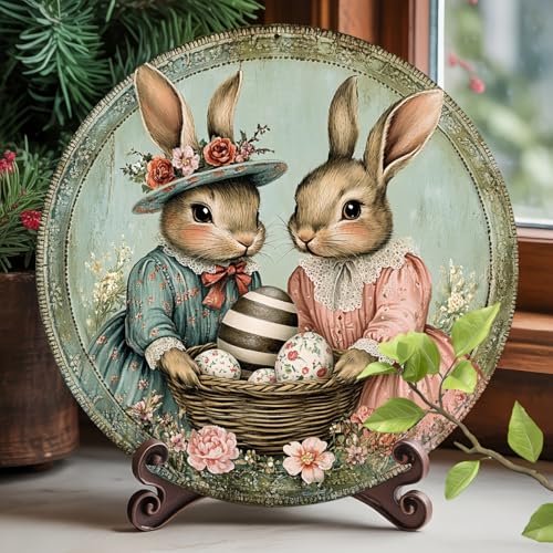 Victorian Bunnies Easter Basket Round Aluminum Metal Sign for Home Farmhouse Wall - 8x8 Inch - Image 3