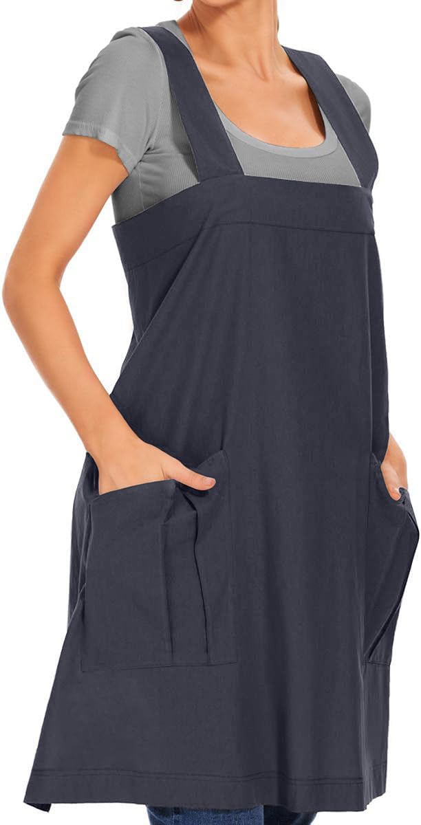 Larmliss Women's Cotton Cross Back Apron Pinafore Dress with Big Pockets Loose Square Apron for Baking Cooking Gardening