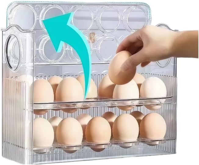Auto-Flip egg storage for refrigerator，side fridge storage rack egg tray for refrigerator，Eggs Holder Countertop with Timers, Space-Saving Eggs Dispenser for Refrigerator, 30 Eggs Container for