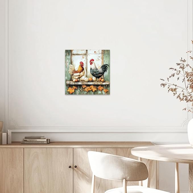 CCWORKERRY Chicken Kitchen Pictures Wall Art Rooster and Eggs Canvas Prints Farm Animals Wall Decor for Farmhouse Dining Room Decor Framed(Green,16" x 16")