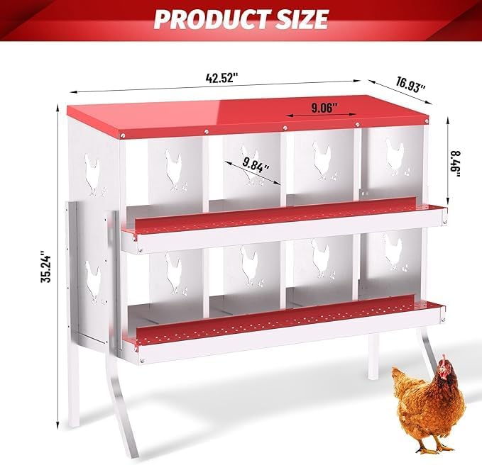 Chicken Nest Box, 8-Compartment Egg-Laying Box, Metal Hen House, Convenient for Collecting Eggs - Ventilated Poultry House Equipment - Suitable for Hens, Ducks Red,with Stand