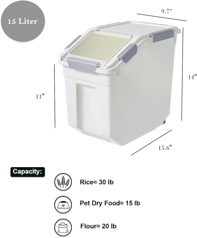 HANAMYA 15 Liter / 30 lbs Rice Storage Container with Measuring Cup, BPA free, For Rice | Grain | Pet Food | Flour, 2 count, White