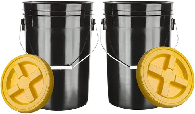 House Naturals Large 6 Gallon Food Grade BPA Free Made in USA Plastic Bucket Pail with Yellow Screw On Double Gasket Air Tight Lid (Pack of 2)