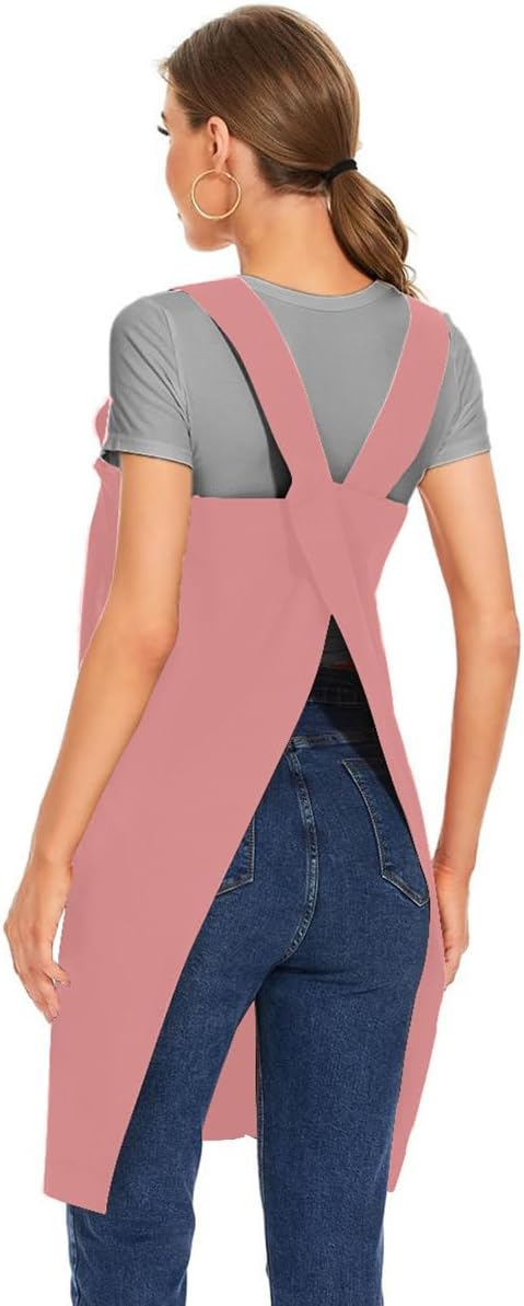 Larmliss Women's Cotton Cross Back Apron Pinafore Dress with Big Pockets Loose Square Apron for Baking Cooking Gardening