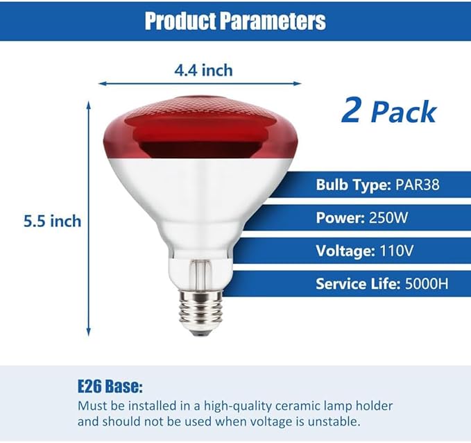 250W Heat Lamp Bulbs 1 Pack Infrared Heat Lamp for Chickens with E26 Socket and 5000 Hours Lifespan Heat Light Bulb for Pets Chicks Reptile Food Service Brooder Coop(2 Pack)