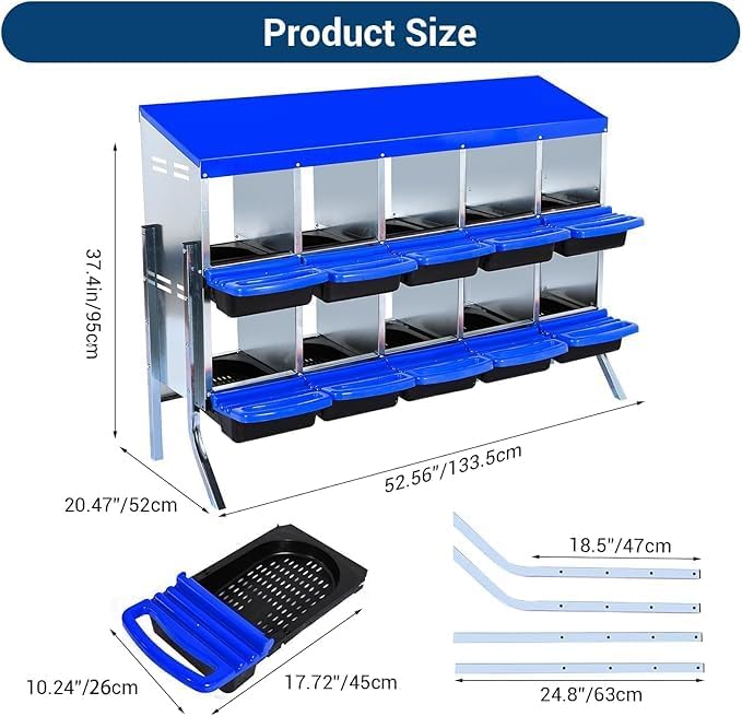 Chicken Nesting Box, 10-Compartment Egg Laying Box, Convenient for Collecting Eggs, Ventilated Poultry House Equipment in Metal Chicken Coop, Suitable for Hens and Ducks, (Blue, with Stand)