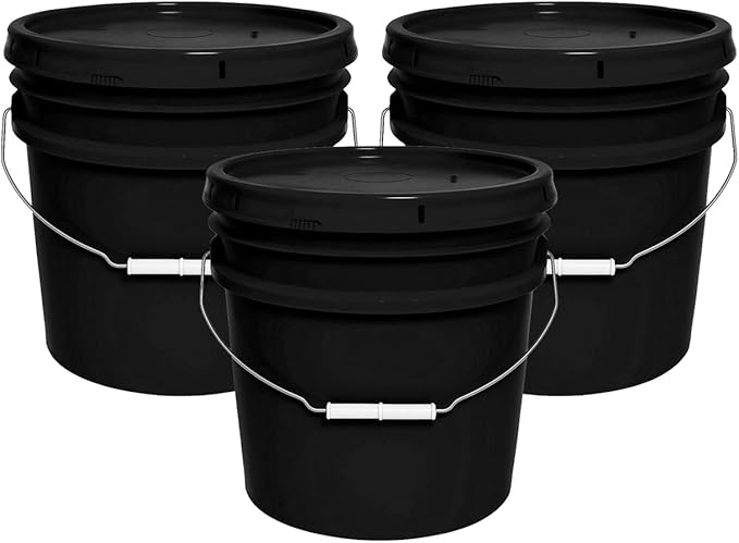 3.5-Gallon Bucket with Airtight Lid – Made in USA, Food Grade BPA Free Plastic, Heavy Duty Multi-Use, Metal Handle with Grip, Stackable Storage – Black, 3 Pack