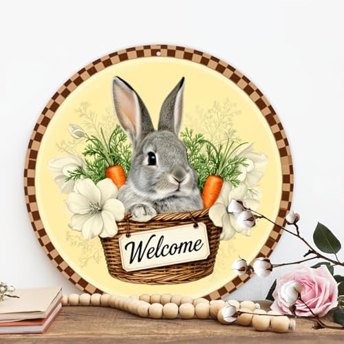 Welcome Bunny in Basket Round Aluminum Sign Retro Gray Rabbit with Carrots White Flowers - 8x8 Inch - Image 5