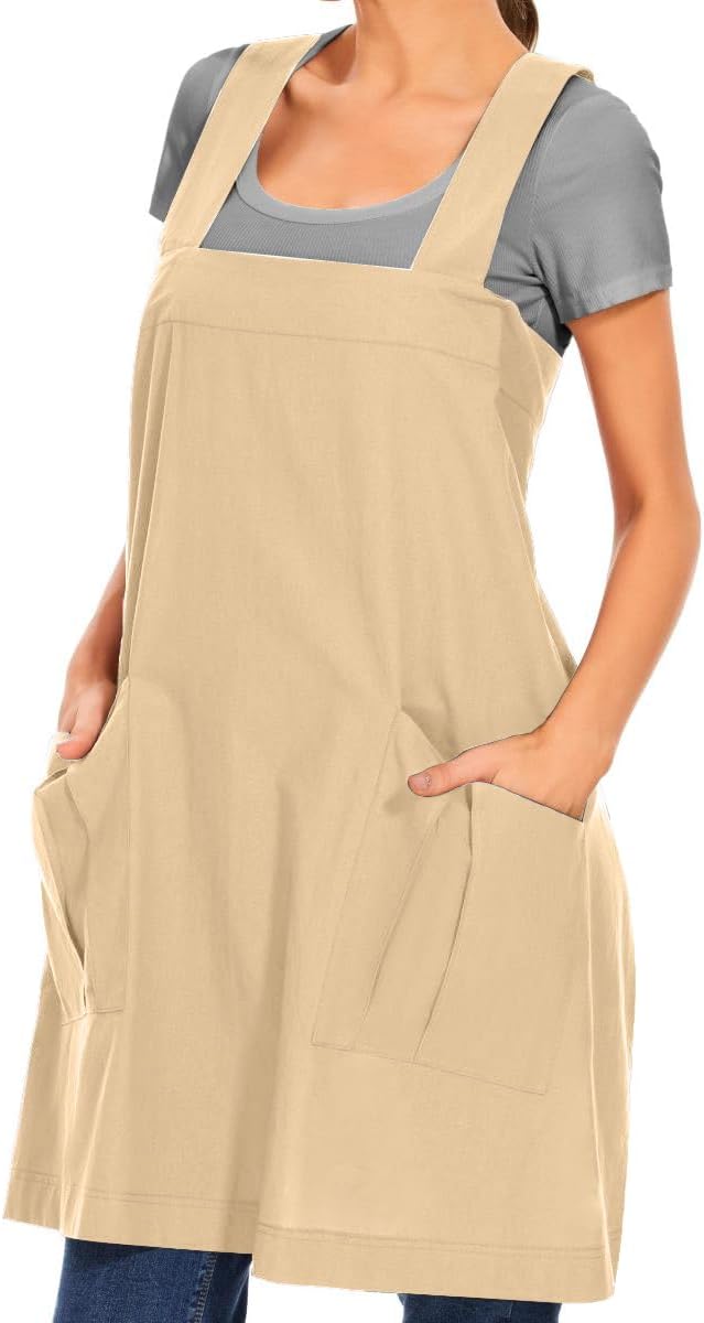 Larmliss Women's Cotton Cross Back Apron Pinafore Dress with Big Pockets Loose Square Apron for Baking Cooking Gardening