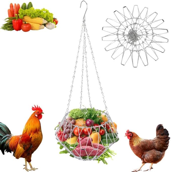 Chicken Vegetable Hanging Feeder, 9.2in Chicken Treat Dispenser, Foldable Chicken Toys for Coop with 4Pcs Hanging Stainless Chain, Veggie Treat Ball for Chicken,Hens,Duck,Rabbit, (1PCS)