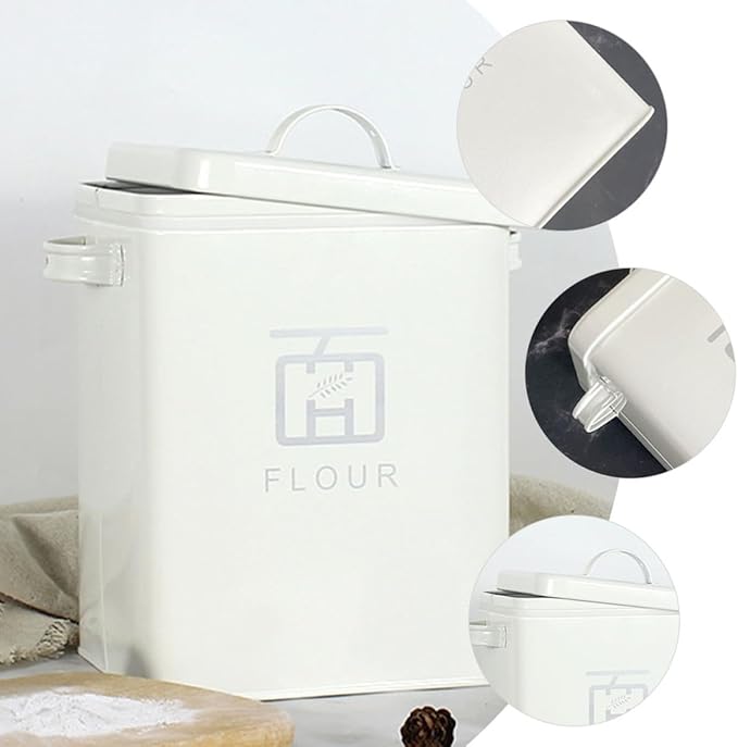 TOYANDONA Multi-function Flour and Rice Storage Container with Airtight Seal, Vintage White Metal Food Bin for Household Kitchen Pantry Organization