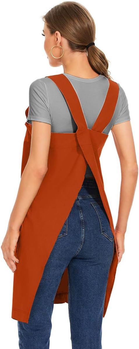 Larmliss Women's Cotton Cross Back Apron Pinafore Dress with Big Pockets Loose Square Apron for Baking Cooking Gardening