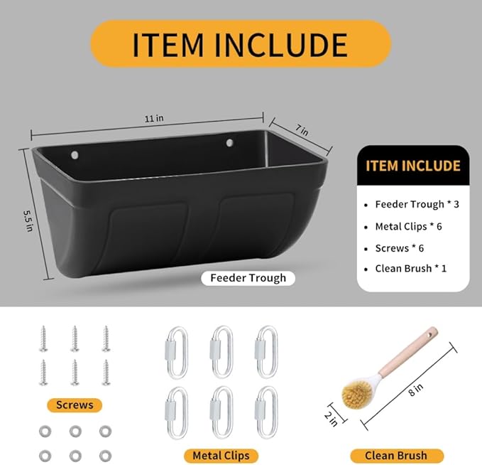 Hanging Chicken Feeder Trough and Goat Feeder, Sheep Deer Poultry Dogs Deers Gooses Duck Fence, 5 Quart Feeder Supplies Livestock Feeding Container Supplies Feeders Waterer Bucket, 3pack Black
