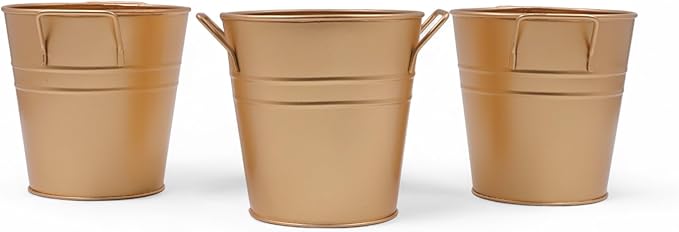 Hosley Set of 3 Gold Metal Bucket/Pots with PVC Liner, Ideal Gift for Floral Arrangements Wedding Home Office Party DIY Indoor Outdoor Garden Patio 5" Dia x 5" H