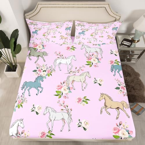 Erosebridal Horse Bed Sheets Twin Rose Sheet Set for Girls Boys Kids Teens Western Cowboy - Multi 19, Microfiber, 3 Pack - Image 5