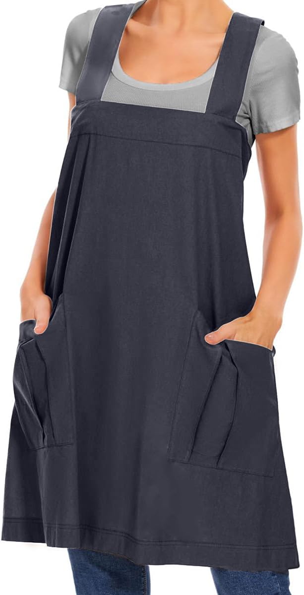Larmliss Women's Cotton Cross Back Apron Pinafore Dress with Big Pockets Loose Square Apron for Baking Cooking Gardening