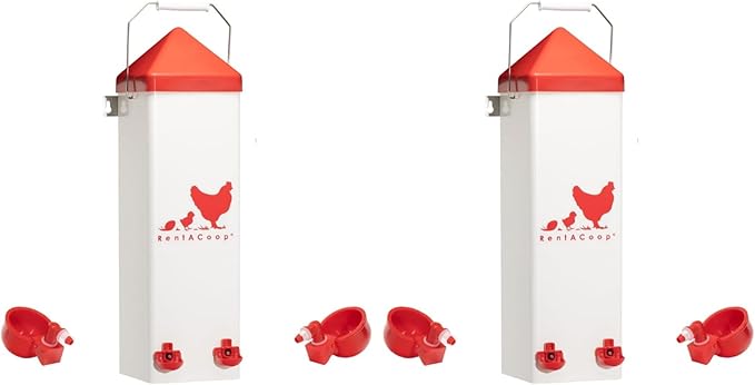 RentACoop 2 Gallon Chicken Waterer with Auto-Fill Cups, Horizontal Nipples, Anti-Roost Cone and Mounting Kit - Suitable for Chickens, Quail, Ducks, Geese, Turkey and More (Pack of 2)