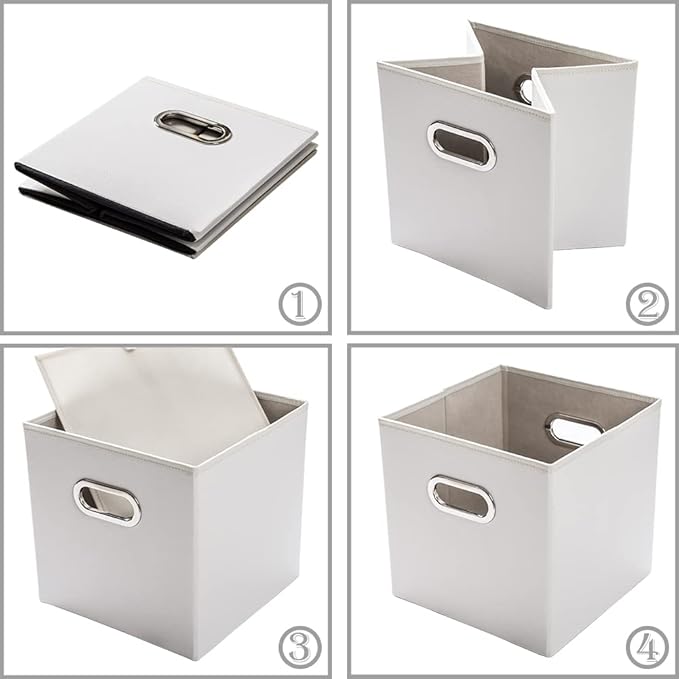 PRANDOM Leather Foldable Cube Storage Bins 13x13 inch [4-Pack] Fabric Storage Baskets Cubes Drawer with Cotton Handles Organizer for Shelves Nursery Closet Bedroom Clothes White